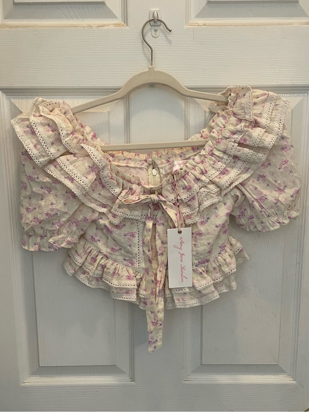 Ruffle Off-Shoulder Crop Top in Cream with Pink & Purple Floral